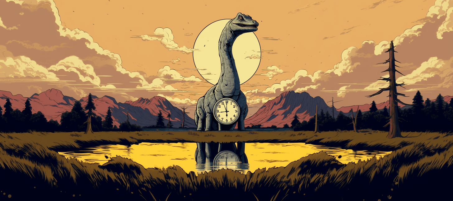 A dinosaur with a clock around its neck.