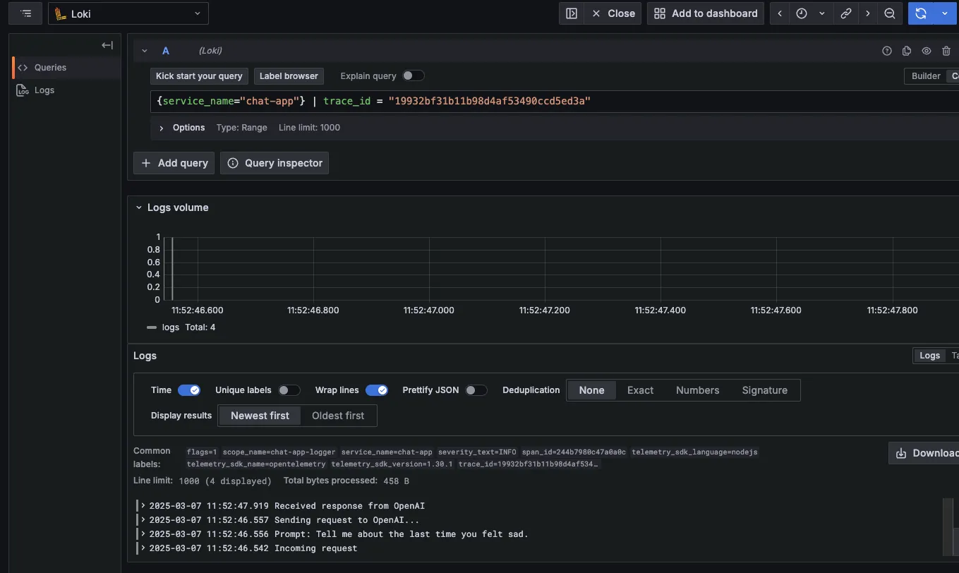 Seeing Node logs from traces in Tempo and Grafana