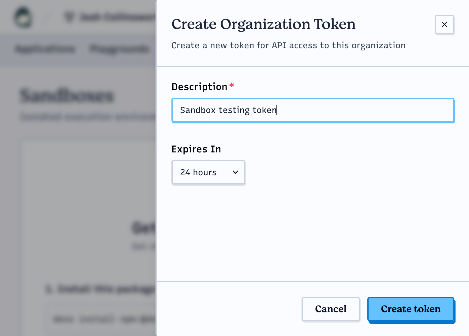 Creating an access token for the Sandbox API via the Deno Deploy dashboard. There's a field for the token description, and its expiration (currently set to the default 24 hours).